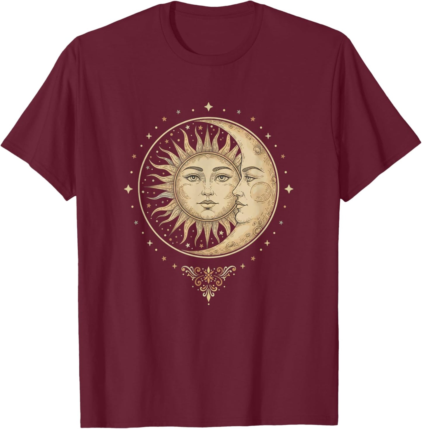 Sun and Moon Vintage Celestial Art Nostalgia Wellness T-Shirt - T-Shirt | Maroon