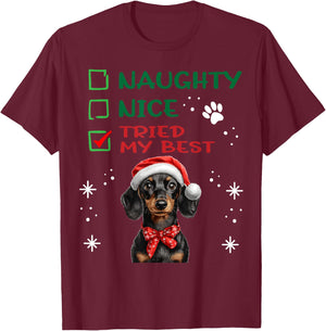 Cute Dachshund Wiener Doxie dog Dog Christmas Naughty Nice T-Shirt - T-Shirt | Maroon