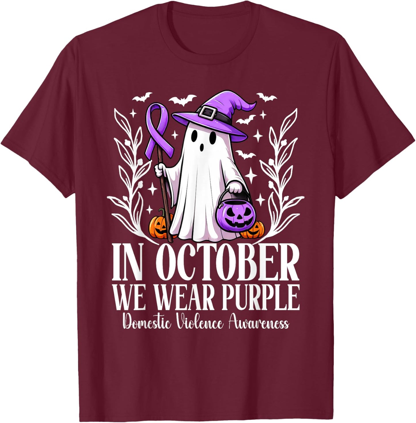 In October We Wear Purple Domestic Violence Ghost Halloween T-Shirt - T-Shirt | Maroon