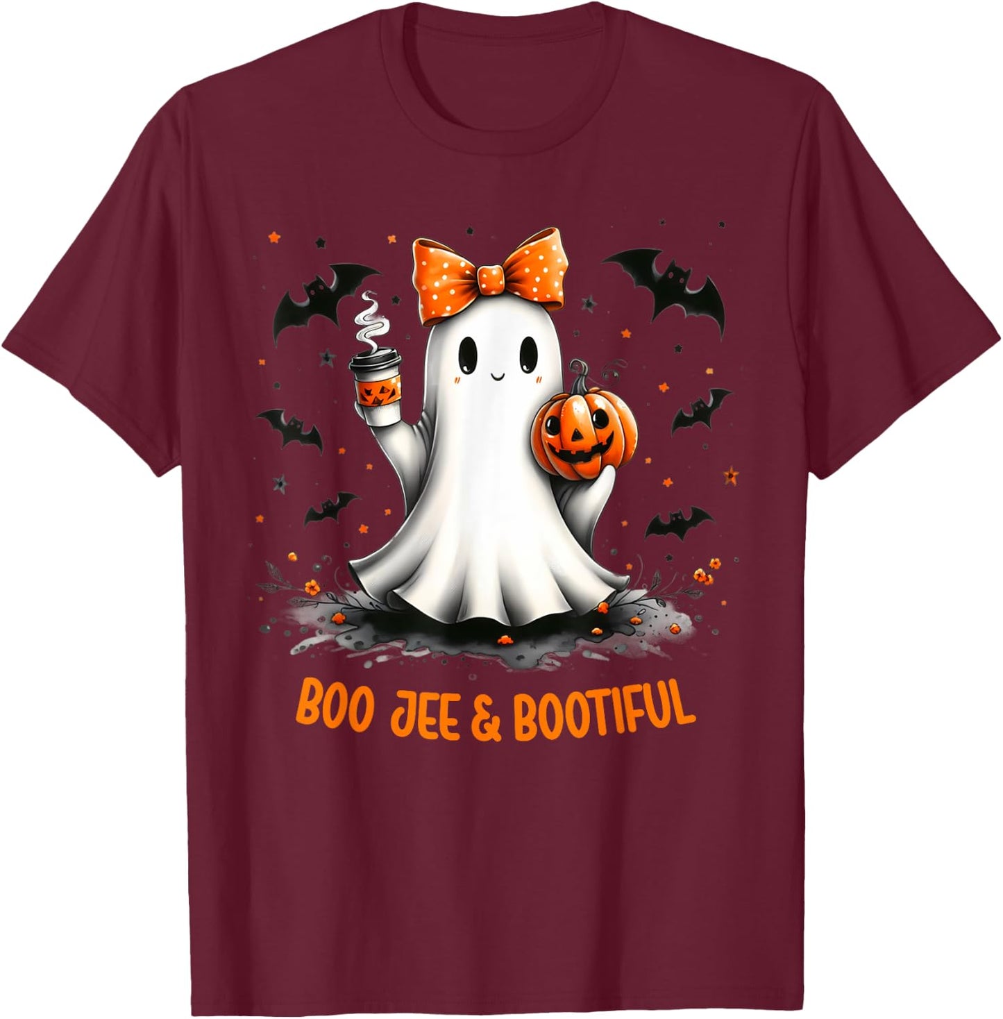 Boo Jee Ghost Drinking Coffee Coquette Bow Halloween Women T-Shirt - T-Shirt | Maroon
