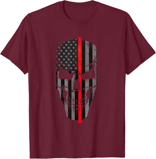 Thin Red Line Firefighter American Flag Skull T-Shirt - T-Shirt | Maroon