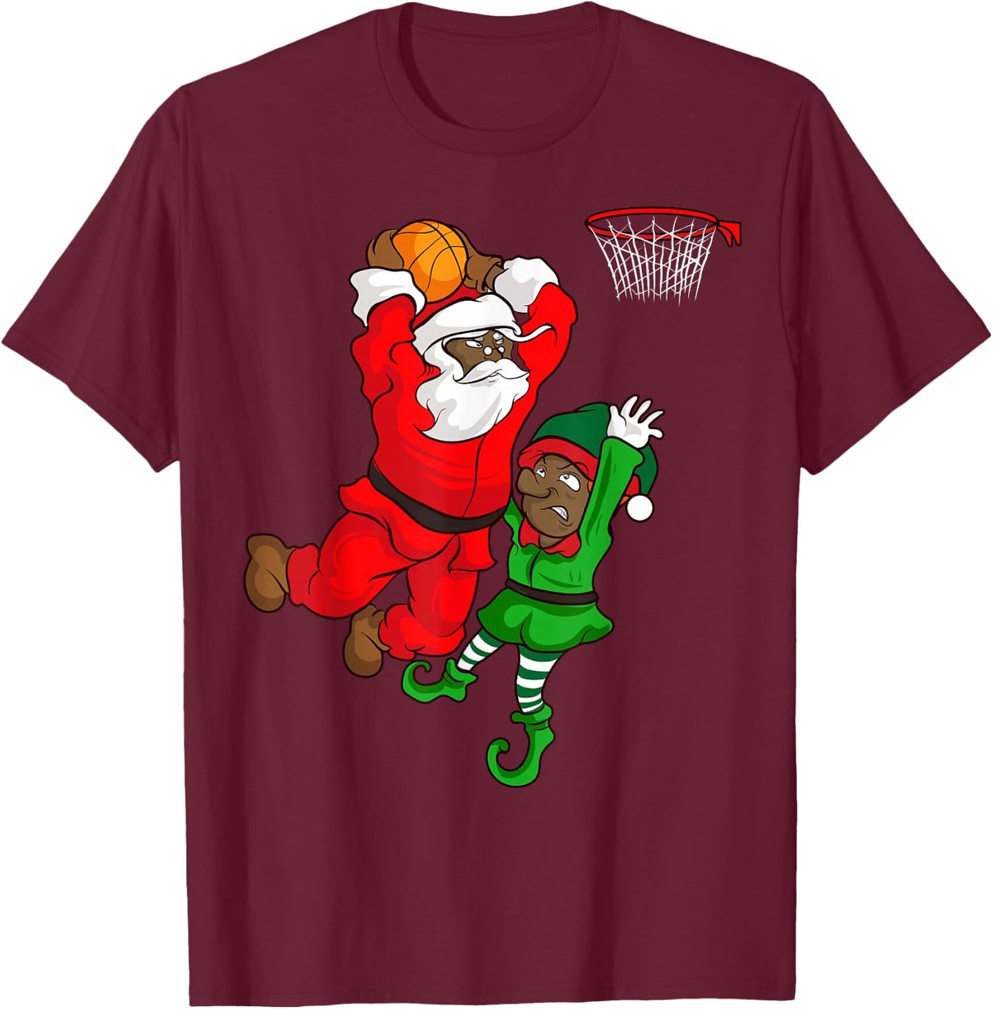 Basketball Black African American Santa Claus Dunk Elf T-Shirt - T-Shirt | Maroon