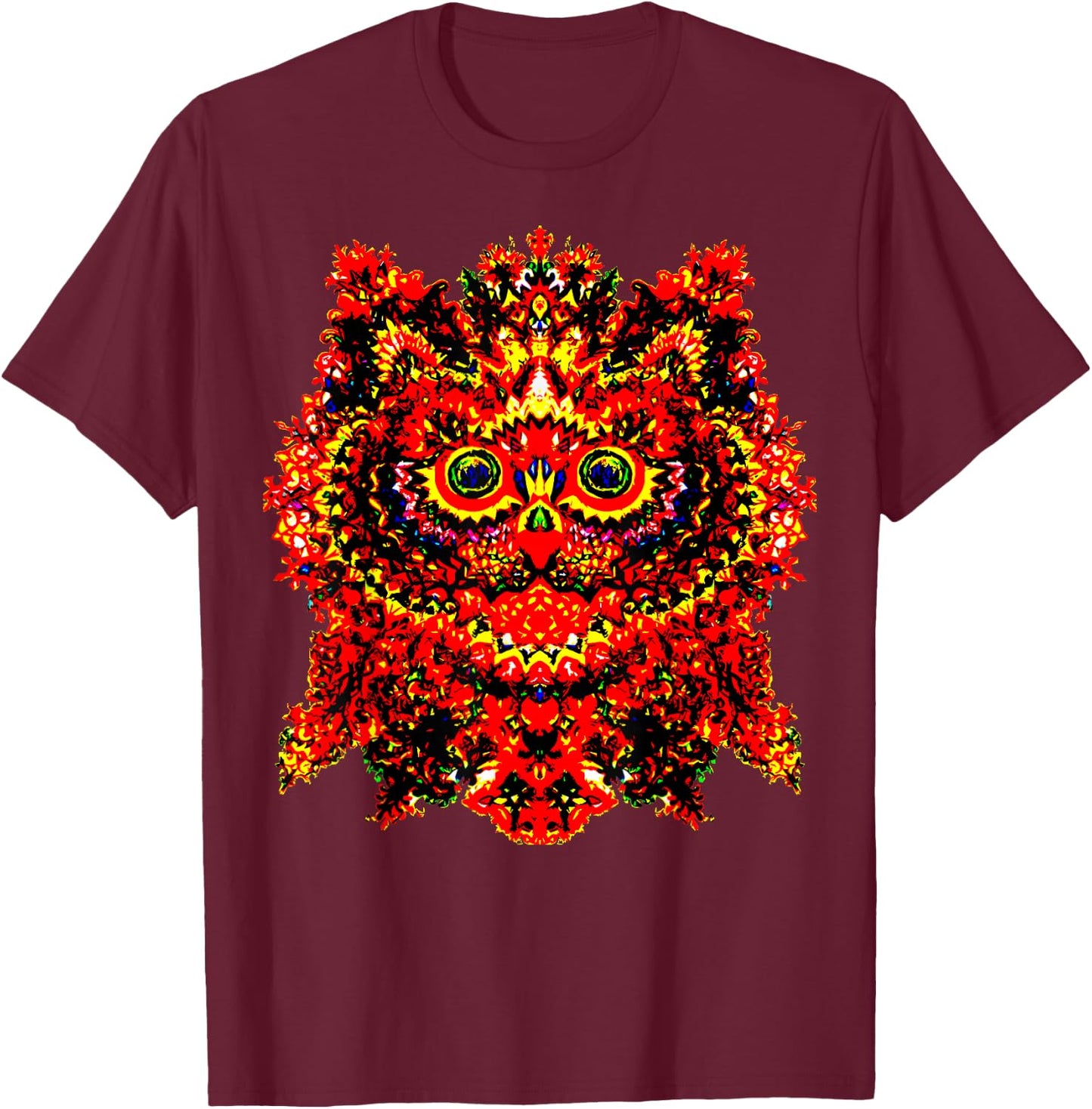 KALEIDOSCOPE KITTY - Louis Wain Psychedelic Cat Art T Shirt T-Shirt - T-Shirt | Maroon