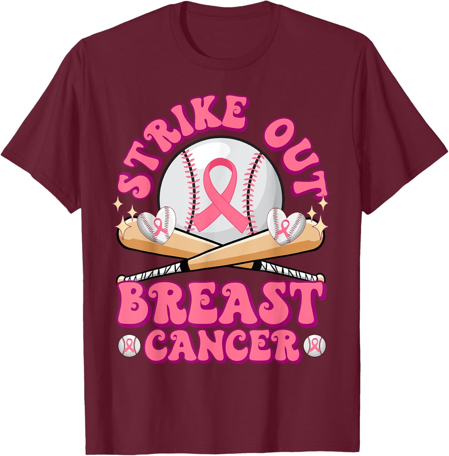 Strike Out Breast Cancer Awareness Pink October Baseball T-Shirt - T-Shirt | Maroon