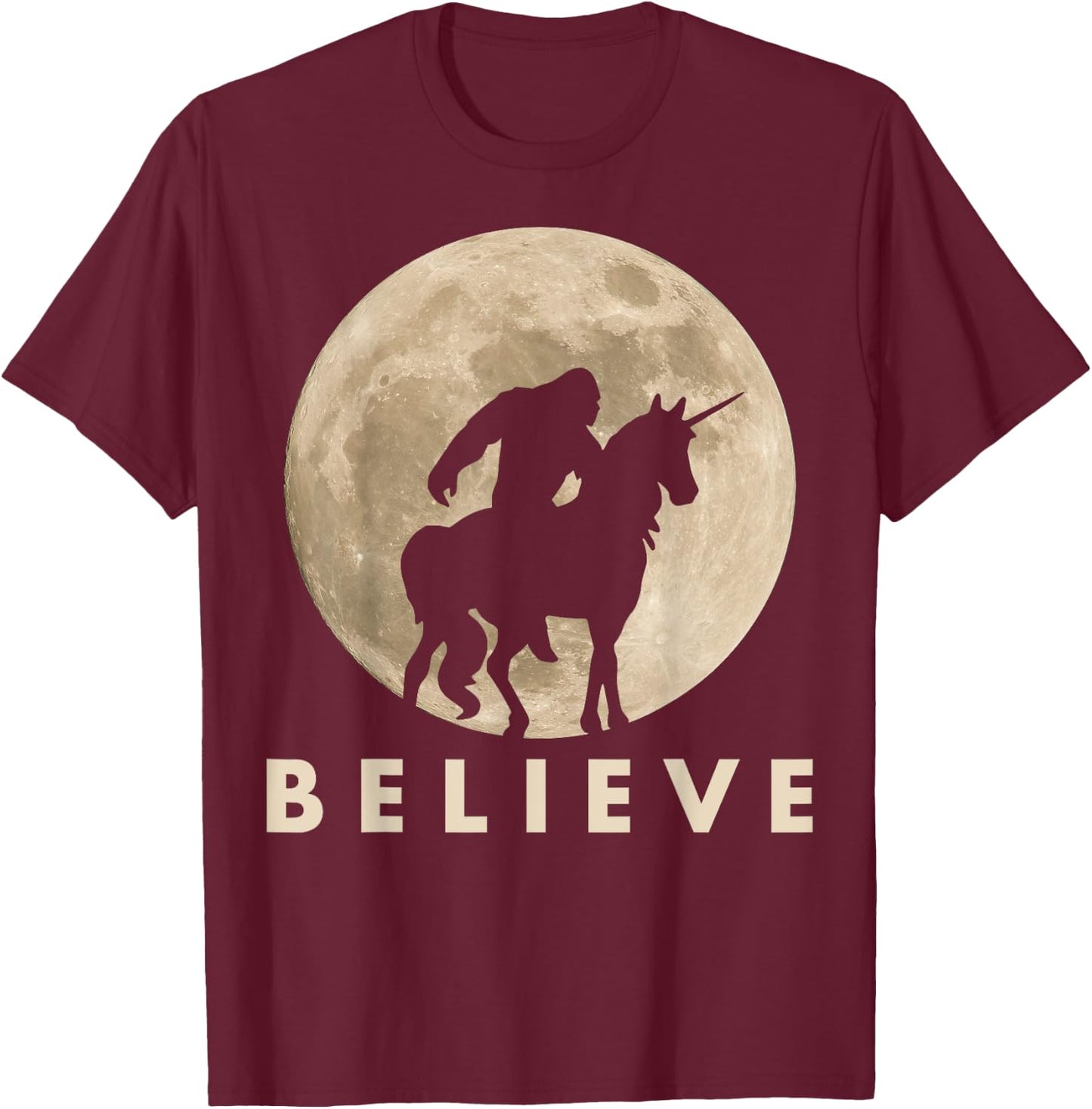Bigfoot Riding a Unicorn Against a Full Moon Shirt, Believe! T-Shirt - T-Shirt | Maroon