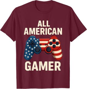 All American Gamer 4th of July Video Games Boys Teens Kids T-Shirt - T-Shirt | Maroon