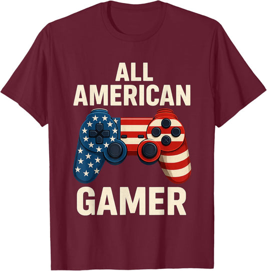 All American Gamer 4th of July Video Games Boys Teens Kids T-Shirt - T-Shirt | Maroon
