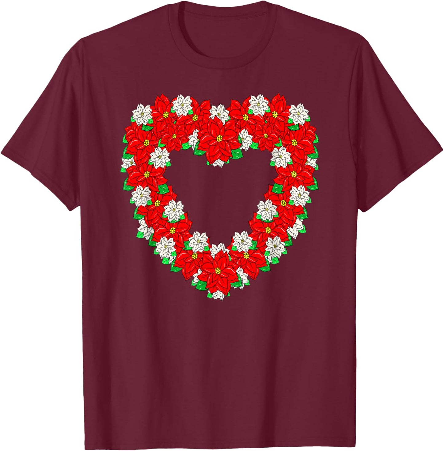 Pretty Poinsettia Christmas Flower Heart Wreath Cute T-Shirt - T-Shirt | Maroon