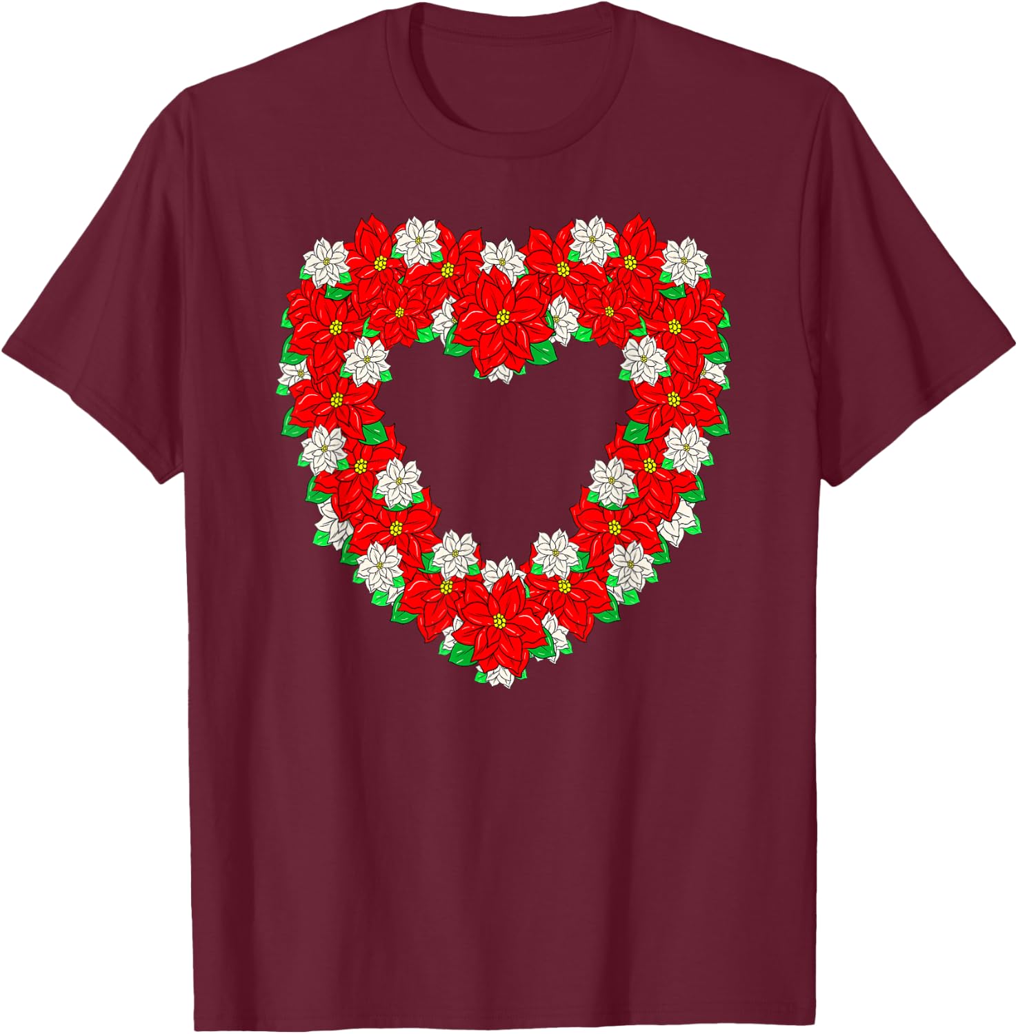 Pretty Poinsettia Christmas Flower Heart Wreath Cute T-Shirt - T-Shirt | Maroon