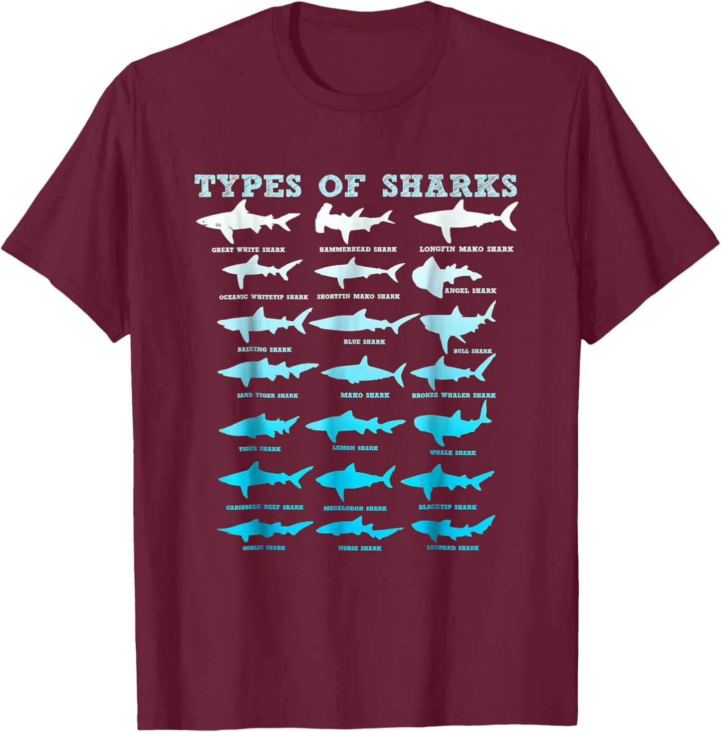 21 Shark Types Marine Biology Men Women Teens Boys Girl Gift T-Shirt - T-Shirt | Maroon