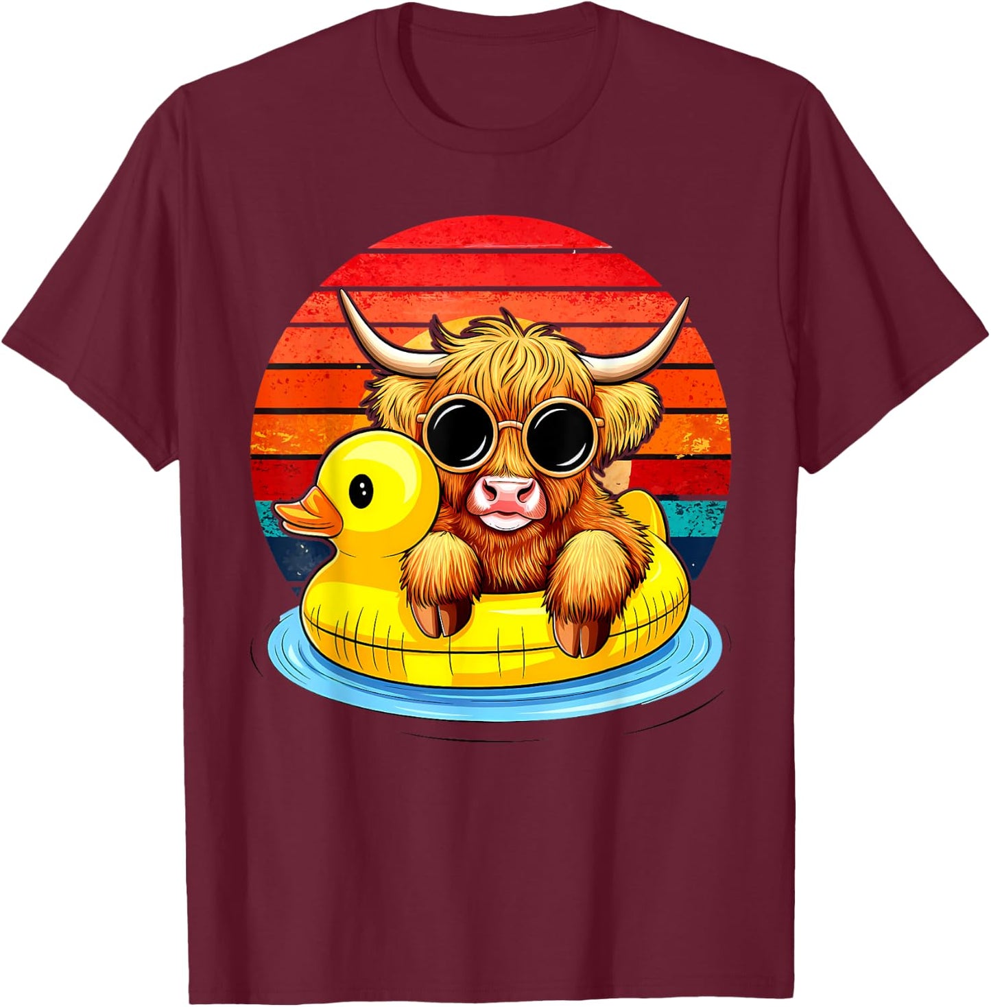 Cute Highland Cow Duck Pool Float Summer Vibes Swimming T-Shirt - T-Shirt | Maroon