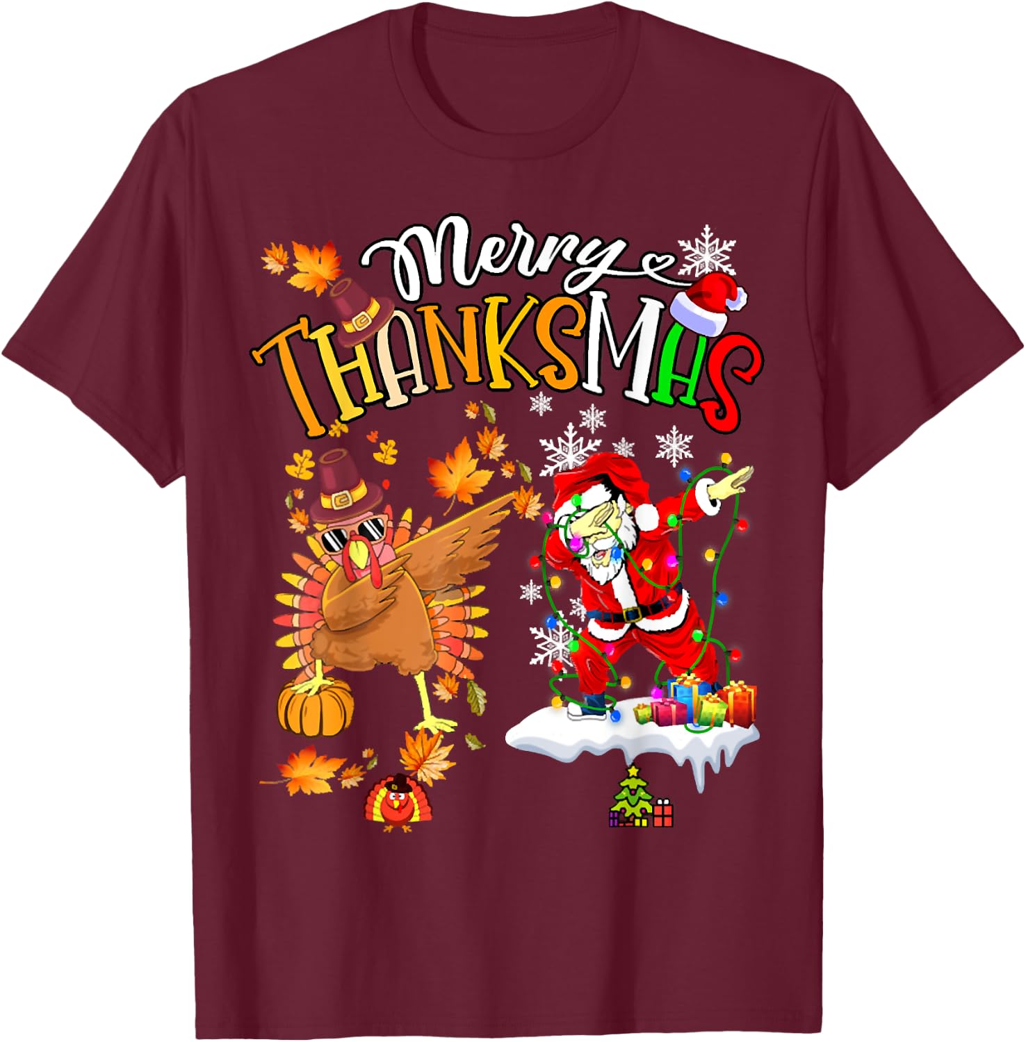 Merry Thanksmas Thanksgiving Christmas, Turkey Santa Dabbing T-Shirt - T-Shirt | Maroon