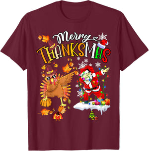Merry Thanksmas Thanksgiving Christmas, Turkey Santa Dabbing T-Shirt - T-Shirt | Maroon