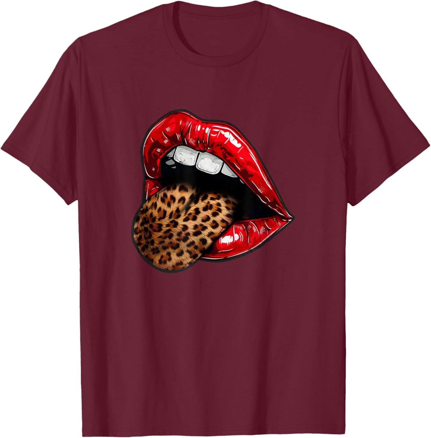 Red Lips Leopard Tongue - Vintage Animal Print Graphic T-Shirt - T-Shirt | Maroon