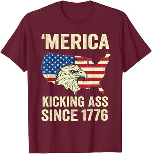 'Merica Kicking Ass Since 1776 Shirt - Vintage 4th Of July T-Shirt - T-Shirt | Maroon