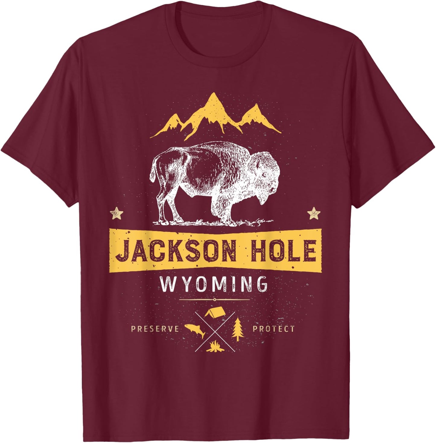 Jackson Hole T Shirt Wyoming Vintage Bison Buffalo Men Women T-Shirt - T-Shirt | Maroon