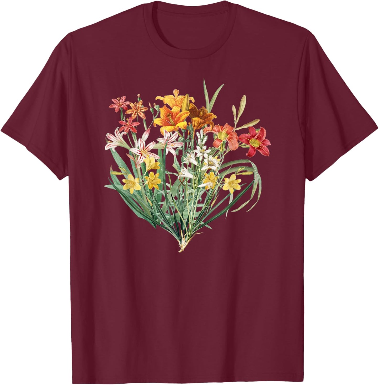 Variety of Lillies Graphic Flower Print Flowered T-Shirt - T-Shirt | Maroon
