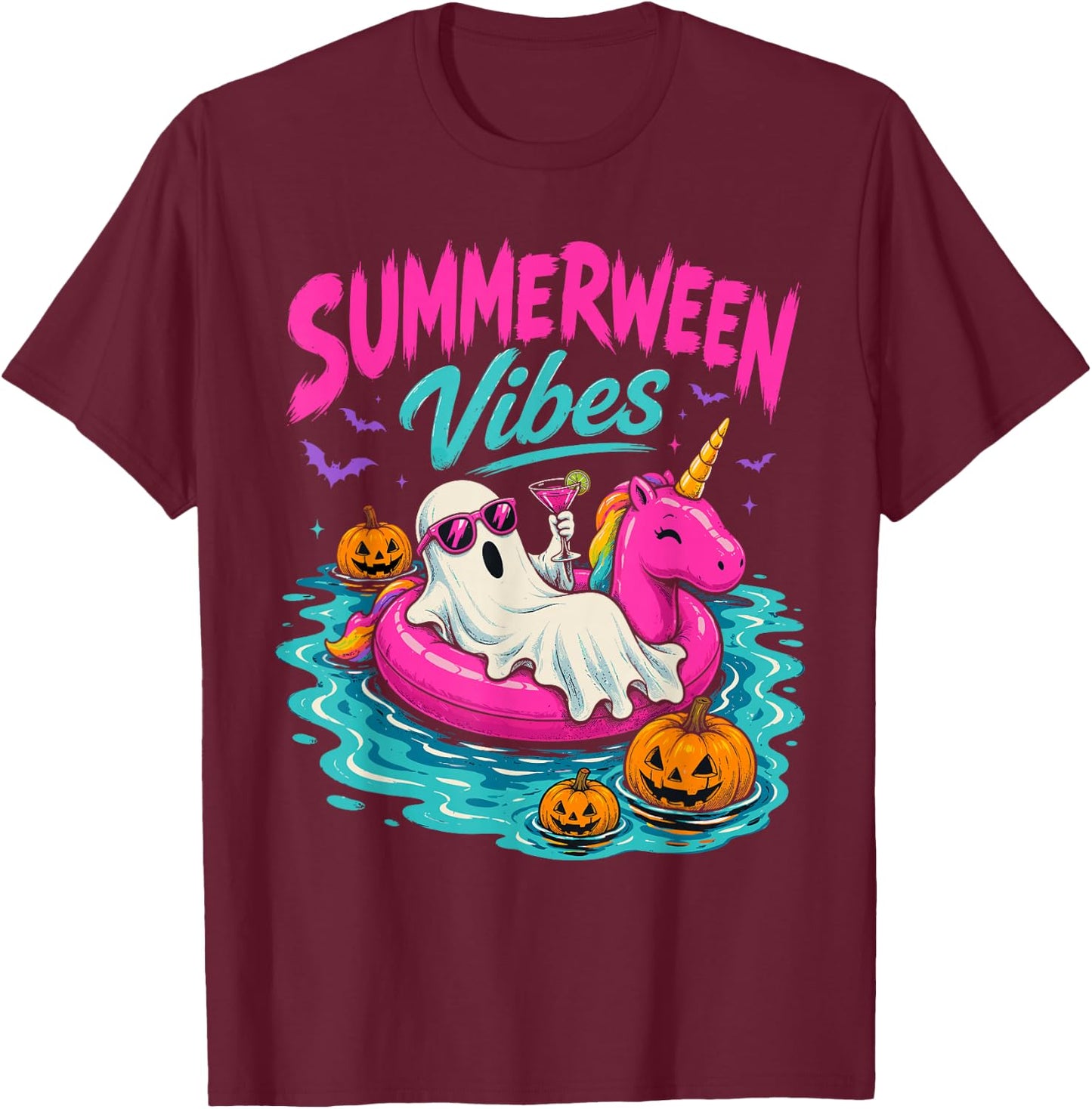 Summerween Vibes Spooky Ghost Unicorn Beach Halloween Girls T-Shirt - T-Shirt | Maroon