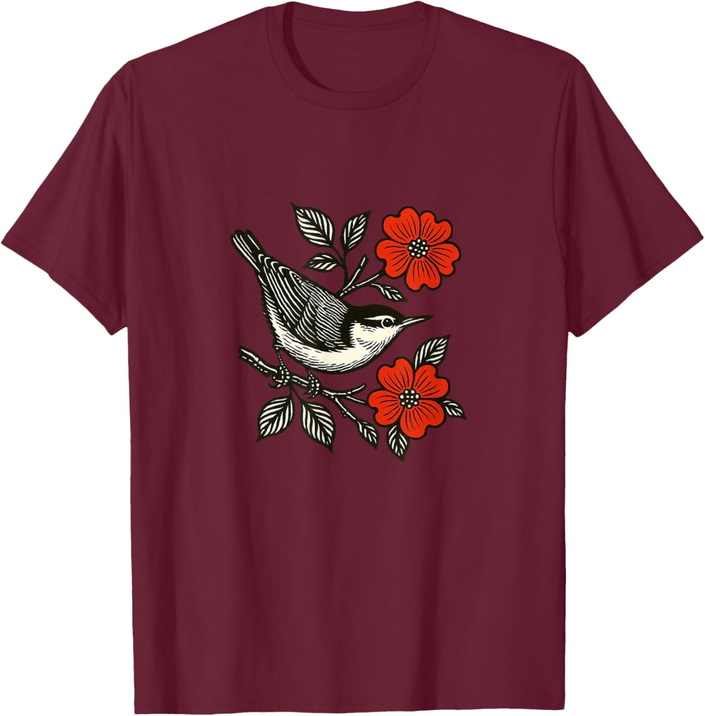 Nuthatch and Scarlet Bloom T-Shirt - T-Shirt | Maroon
