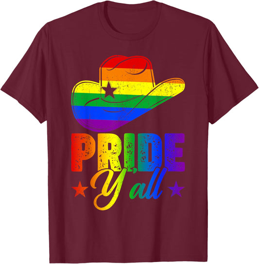 Retro Pride Y'all Cowboy Hat Rainbow Flag Gay Pride LGBT T-Shirt - T-Shirt | Maroon
