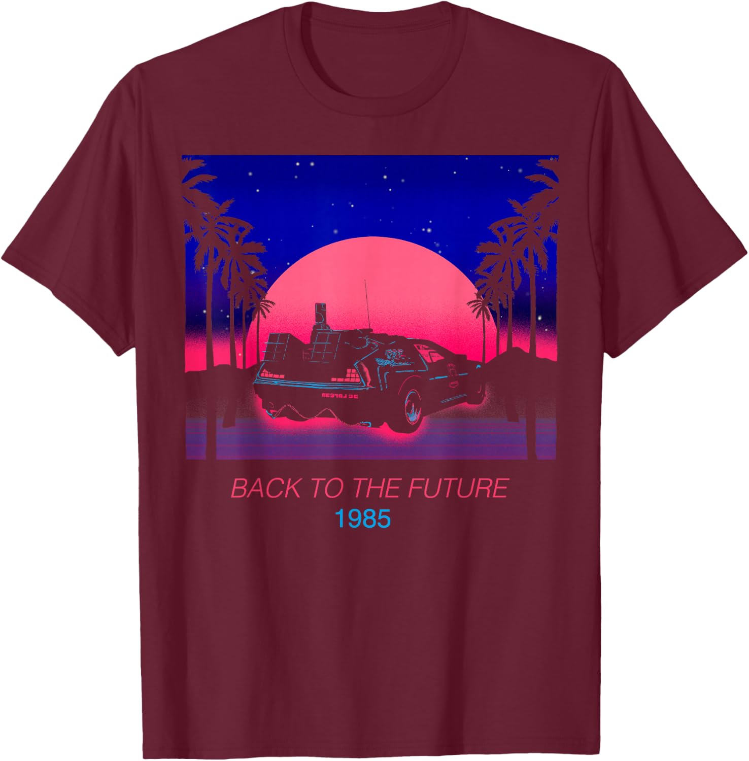 Back to The Future 1985 Neon Delorean Sunset T-Shirt - T-Shirt | Maroon