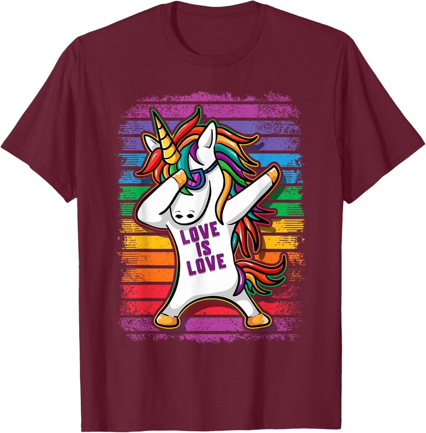 Gay Pride Dabbing Unicorn Love Is Love T-Shirt - T-Shirt | Maroon
