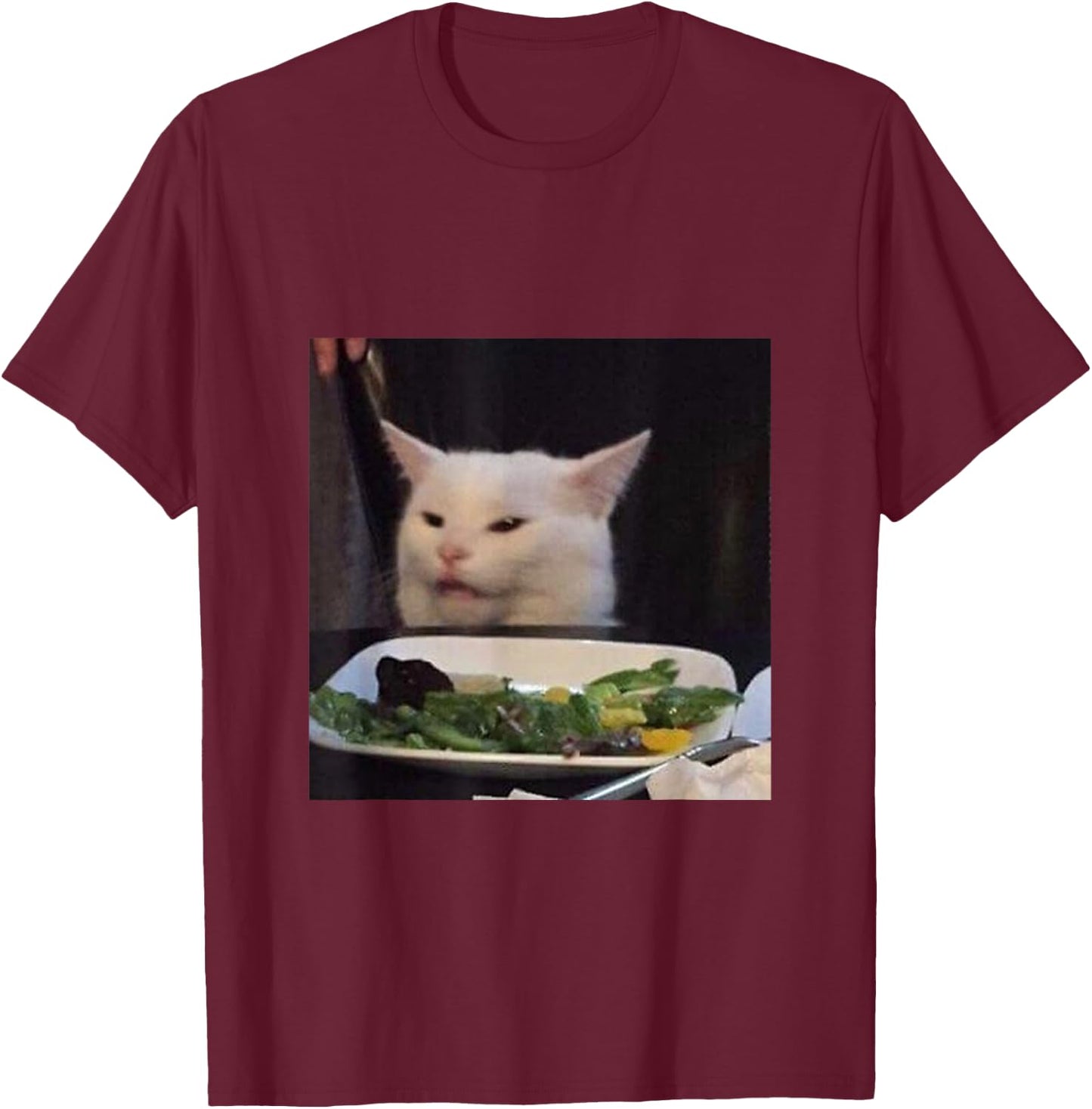 Dinner Table Cat Meme Funny Internet Yelling Confused Gift T-Shirt - T-Shirt | Maroon