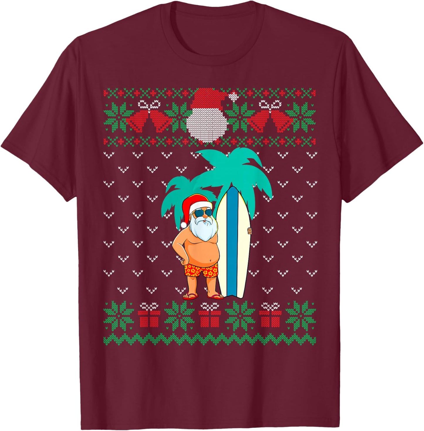 Christmas in July, Summer Santa Ugly Xmas Sweater Tropical T-Shirt - T-Shirt | Maroon