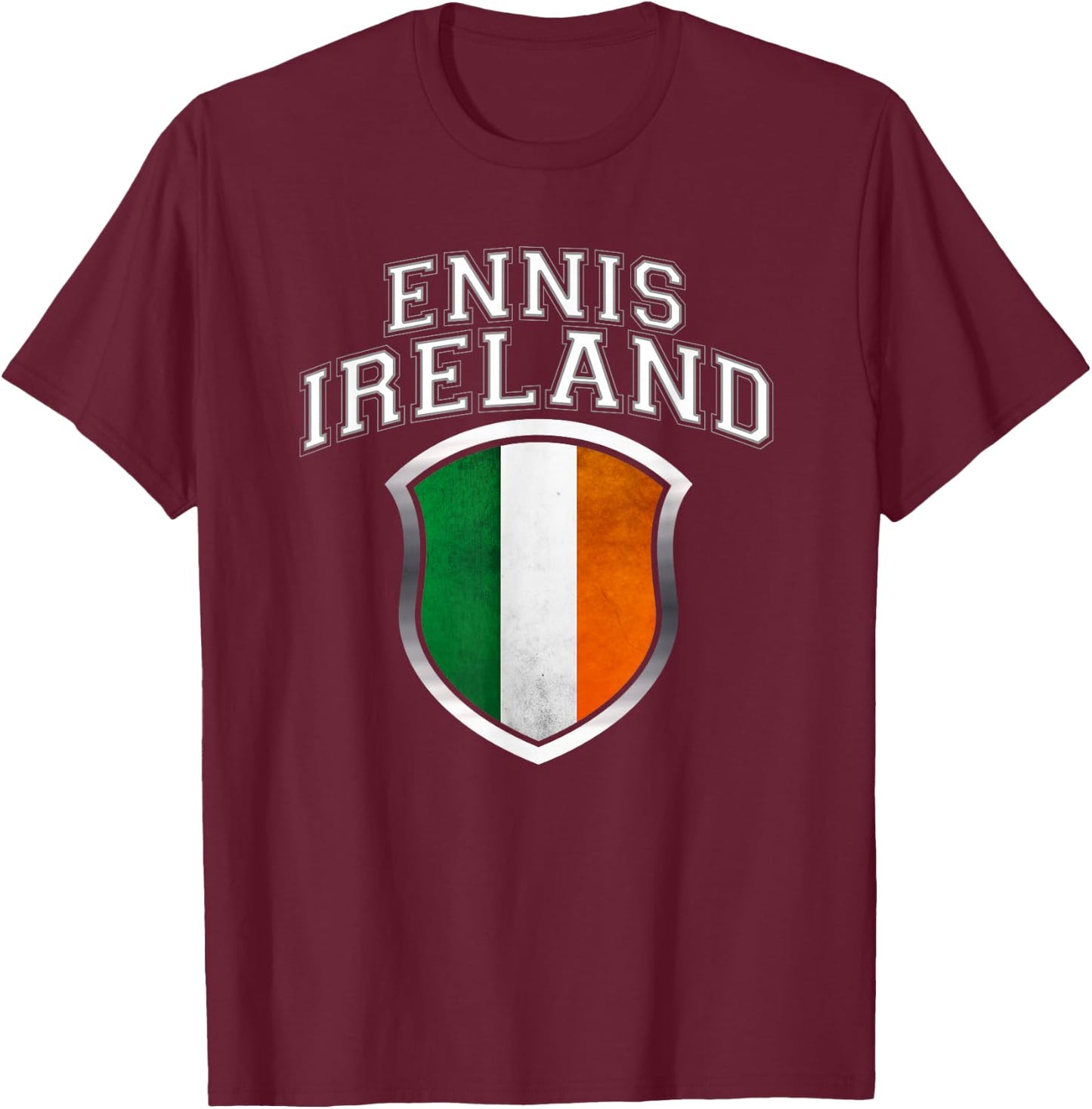 Ennis Ireland T Shirt with Grunge Irish Flag Crest T-Shirt - T-Shirt | Maroon