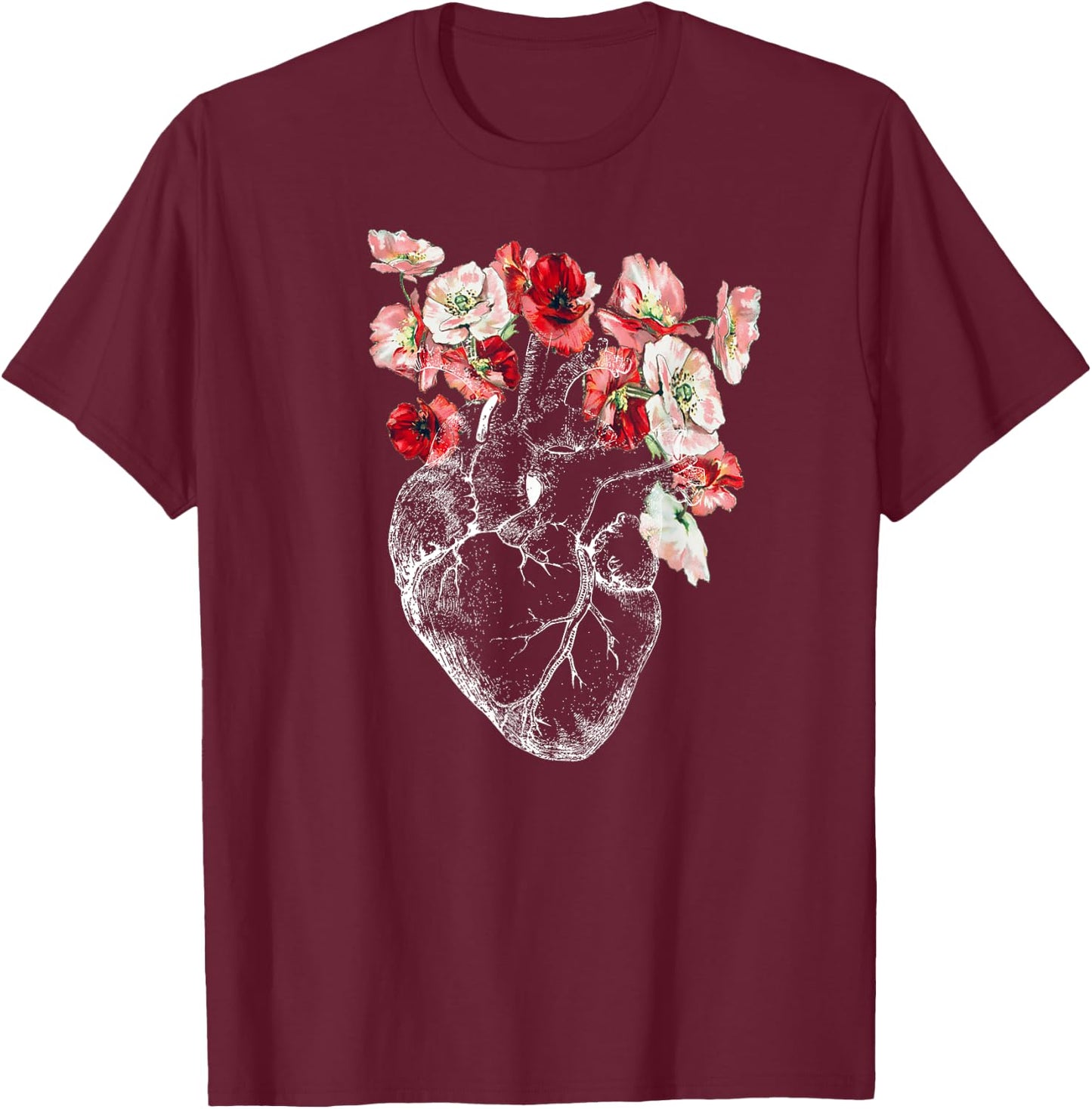 Anatomical Heart and Flowers T-Shirt - T-Shirt | Maroon