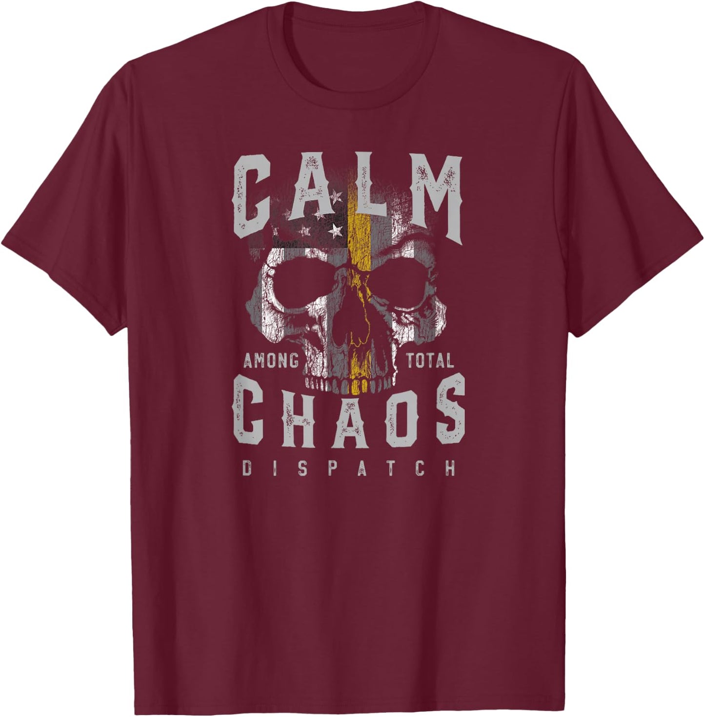 Thin Gold Line LEO Emergency Dispatcher Skull American Flag T-Shirt - T-Shirt | Maroon
