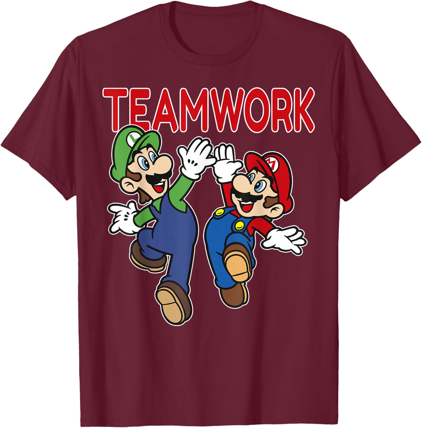 Super Mario Luigi Teamwork High Five Classic Graphic T-Shirt - T-Shirt | Maroon