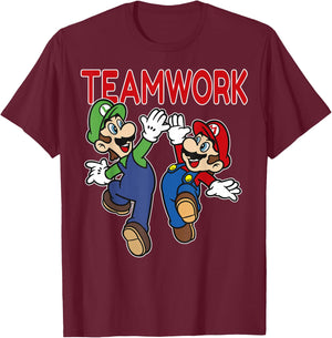 Super Mario Luigi Teamwork High Five Classic Graphic T-Shirt - T-Shirt | Maroon