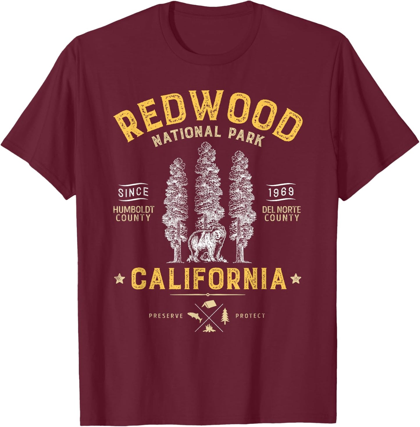 Redwood National Park T Shirt Vintage California Bear Gifts T-Shirt - T-Shirt | Maroon