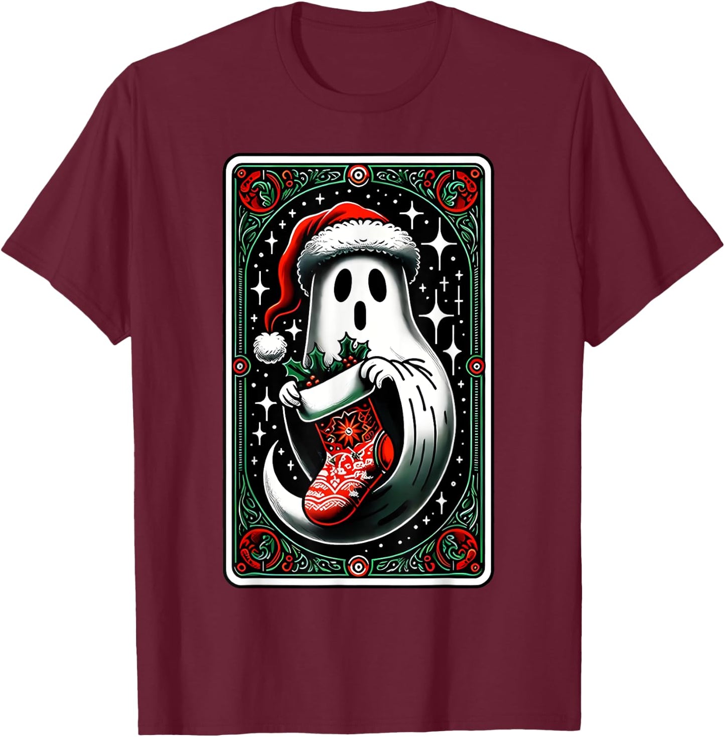 Spooky Ghost Christmas Stocking Tarot Card Witch Vibes T-Shirt - T-Shirt | Maroon