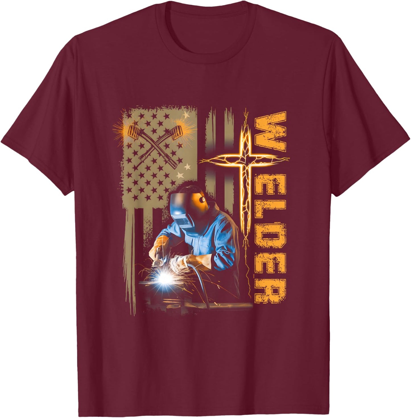 Welder American Flag Welding Faith Cross Christian Religious T-Shirt - T-Shirt | Maroon