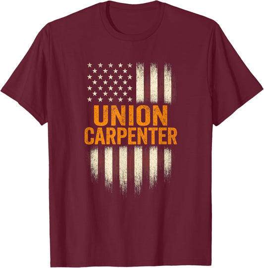 Union Carpenter - Vintage USA Flag Woodworking T-Shirt - T-Shirt | Maroon