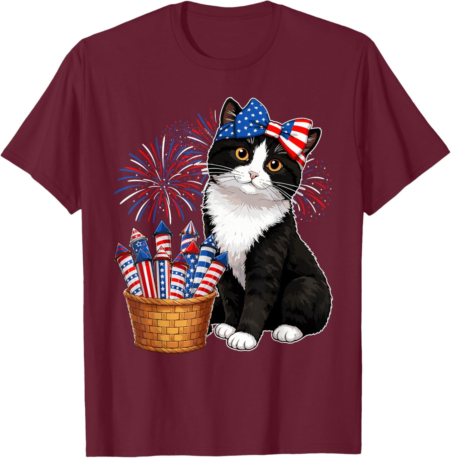 4th of July Tuxedo Black and White Cat Fireworks USA Flag T-Shirt - T-Shirt | Maroon