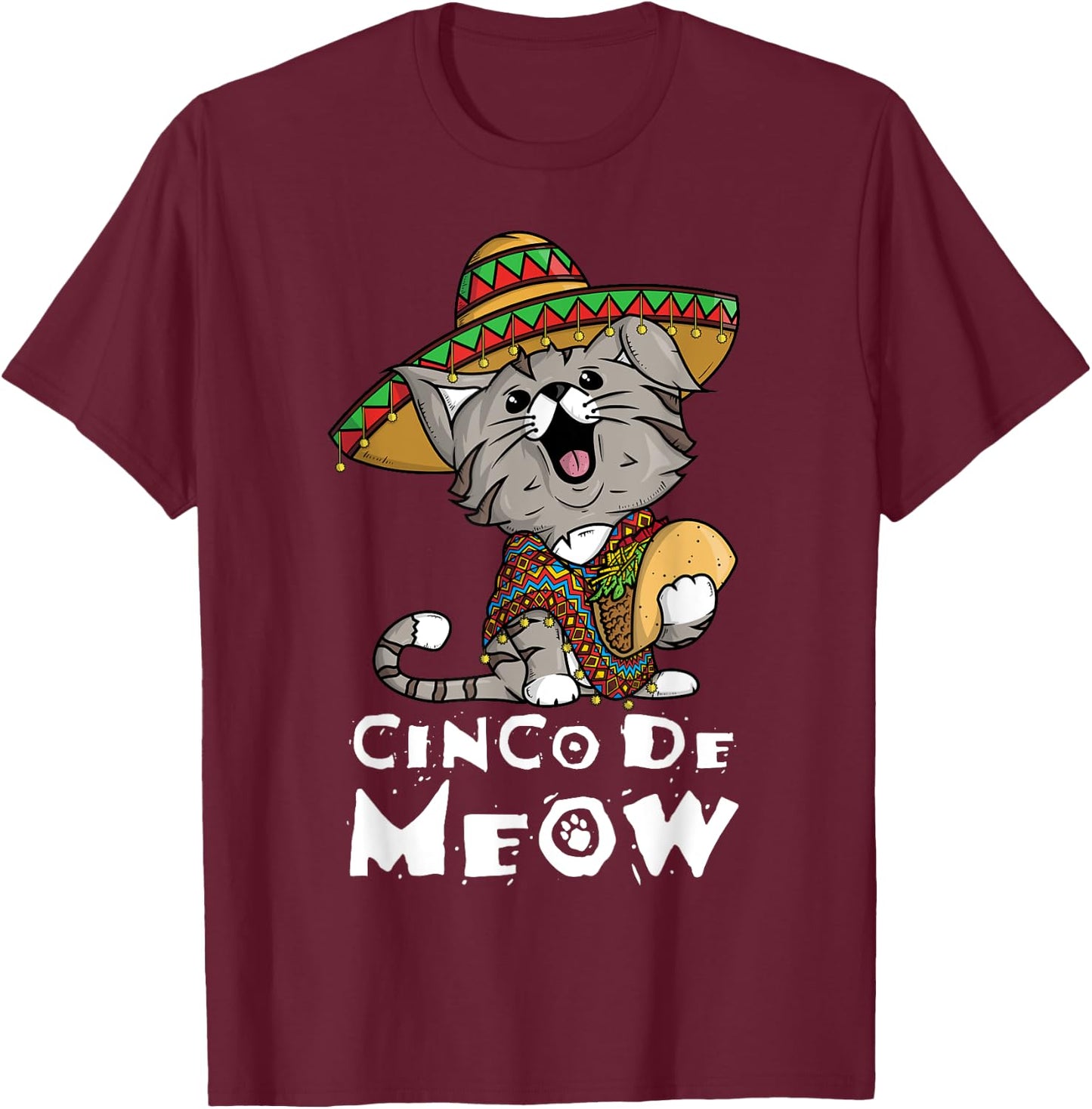 Cinco De Meow Shirt with Smiling Cat Taco and Sombrero Men Women Girls Kids T-Shirt - T-Shirt | Maroon