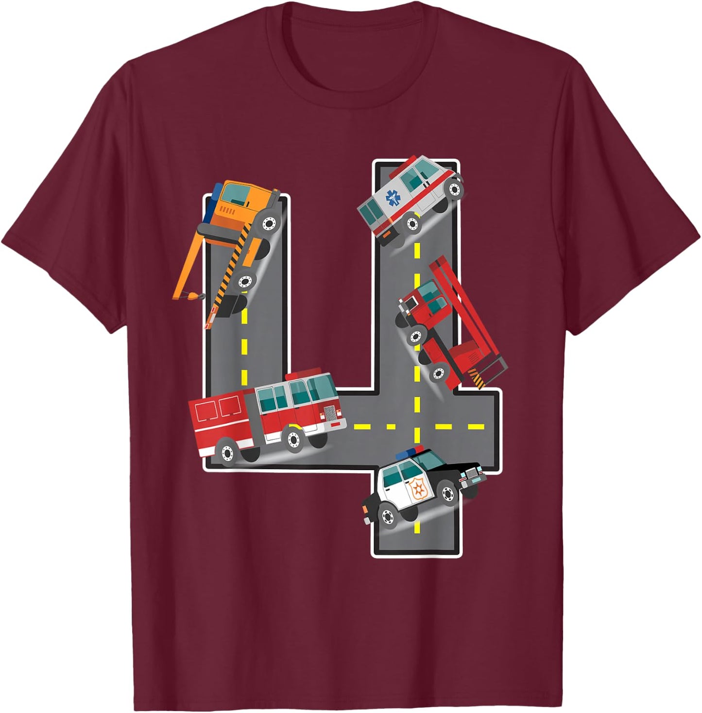 Four Year Old 4th Birthday Fire Truck Ambulance Police Car T-Shirt - T-Shirt | Maroon