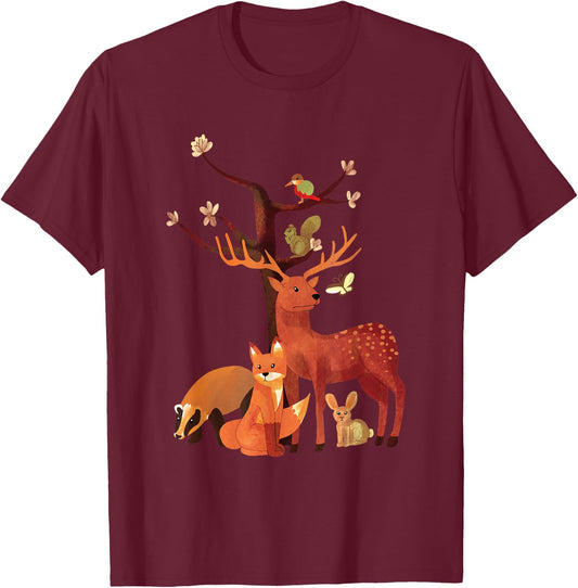 Woodland Animals Deer Fox Rabbit Squirrel Watercolor Vintage T-Shirt - T-Shirt | Maroon