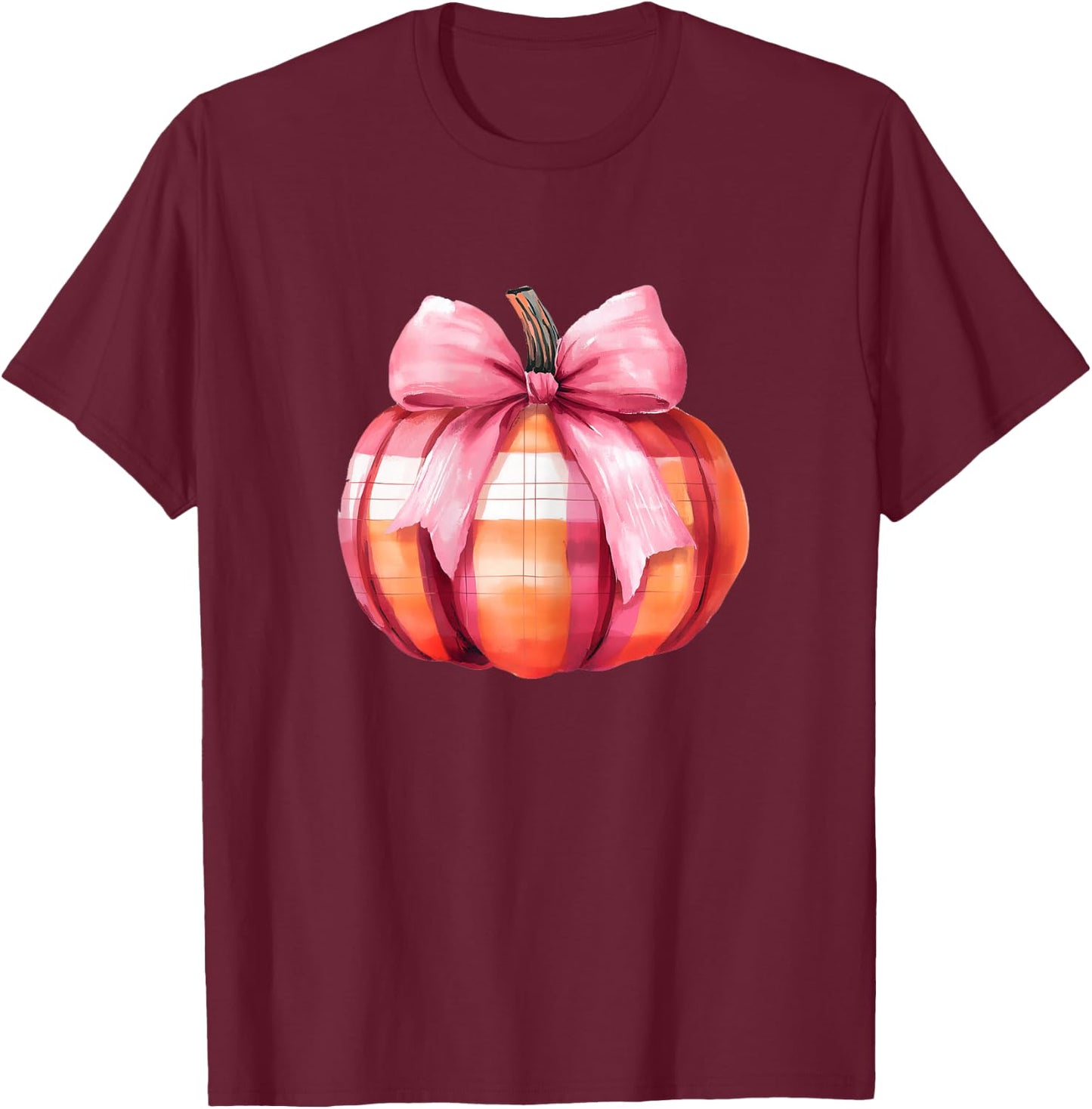 Watercolor Pumpkin Fall Halloween Plaid Pink Bow Graphic T-Shirt - T-Shirt | Maroon