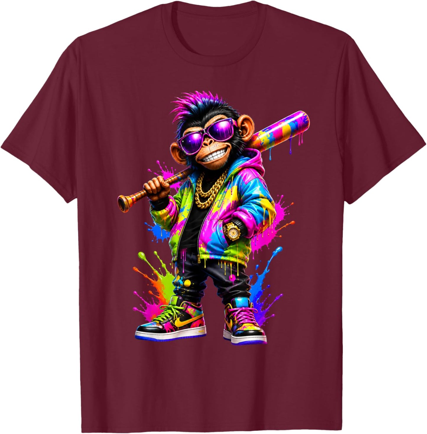 Monkey Baseball Drip Funny Animal Party Sport Cool Graphic T-Shirt - T-Shirt | Maroon