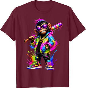 Monkey Baseball Drip Funny Animal Party Sport Cool Graphic T-Shirt - T-Shirt | Maroon