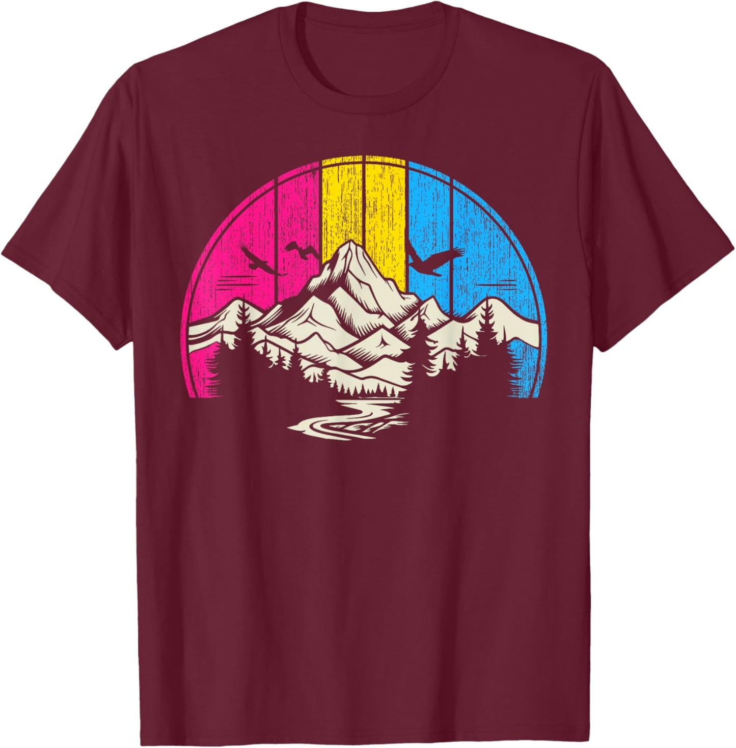 Pansexual Pride Retro Forest Mountain River Art T-Shirt - T-Shirt | Maroon
