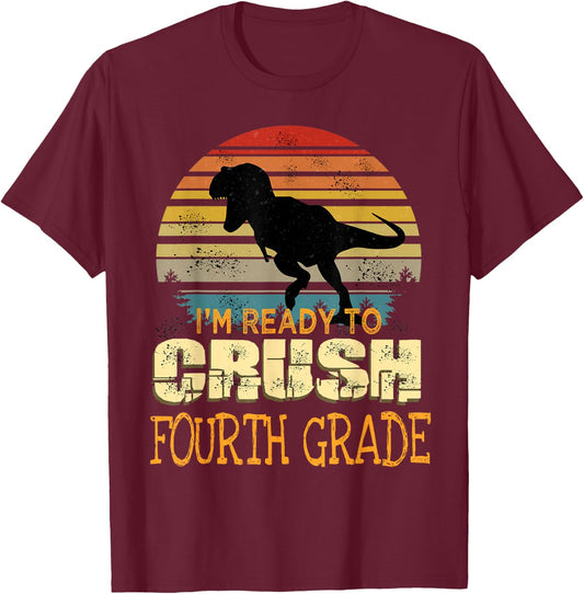 Ready To Crush Fourth 4th Grade Dinosaur Back To School Boys T-Shirt - T-Shirt | Maroon