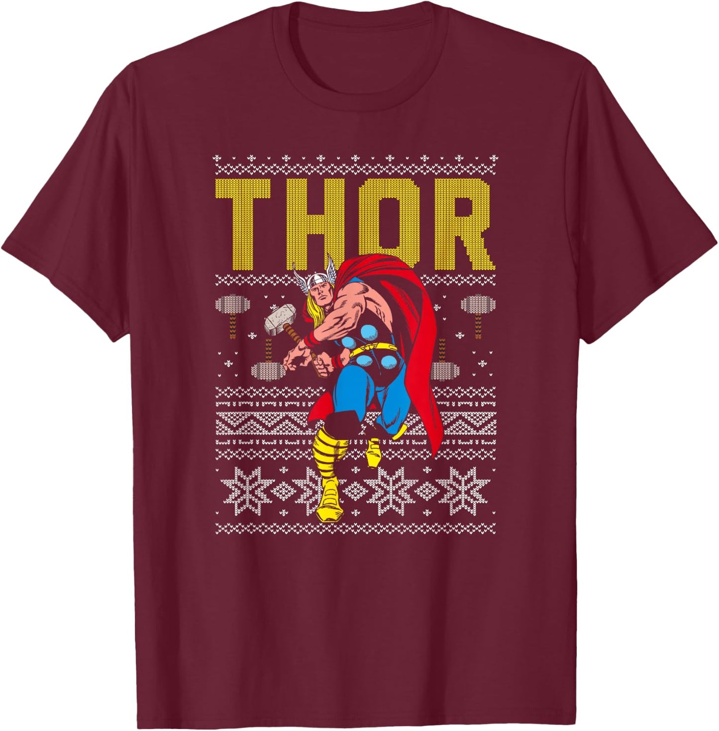 Marvel Thor Retro Ugly Sweater Christmas Graphic T-Shirt - T-Shirt | Maroon