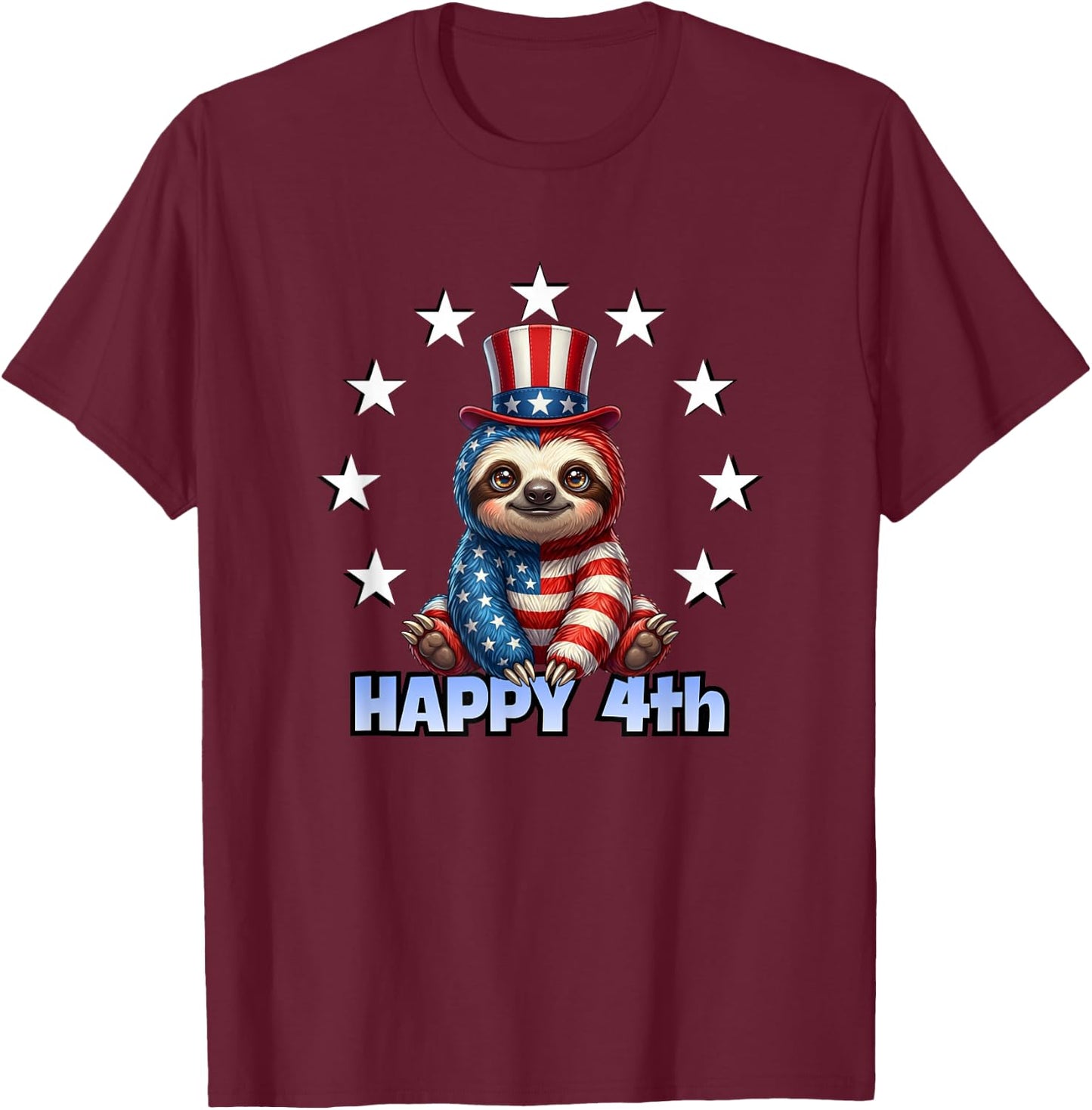 Patriotic American Flag Sloth Happy 4th of July USA T-Shirt - T-Shirt | Maroon