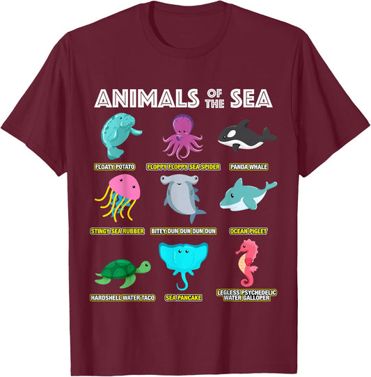 Animals Of The World Sea Creatures Funny Ocean Humor Meme T-Shirt - T-Shirt | Maroon