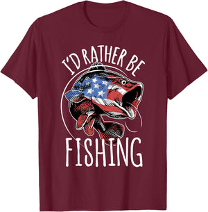 Fishing Shirt USA Flag Fish | I'd Rather Be Fishing T-Shirt - T-Shirt | Maroon